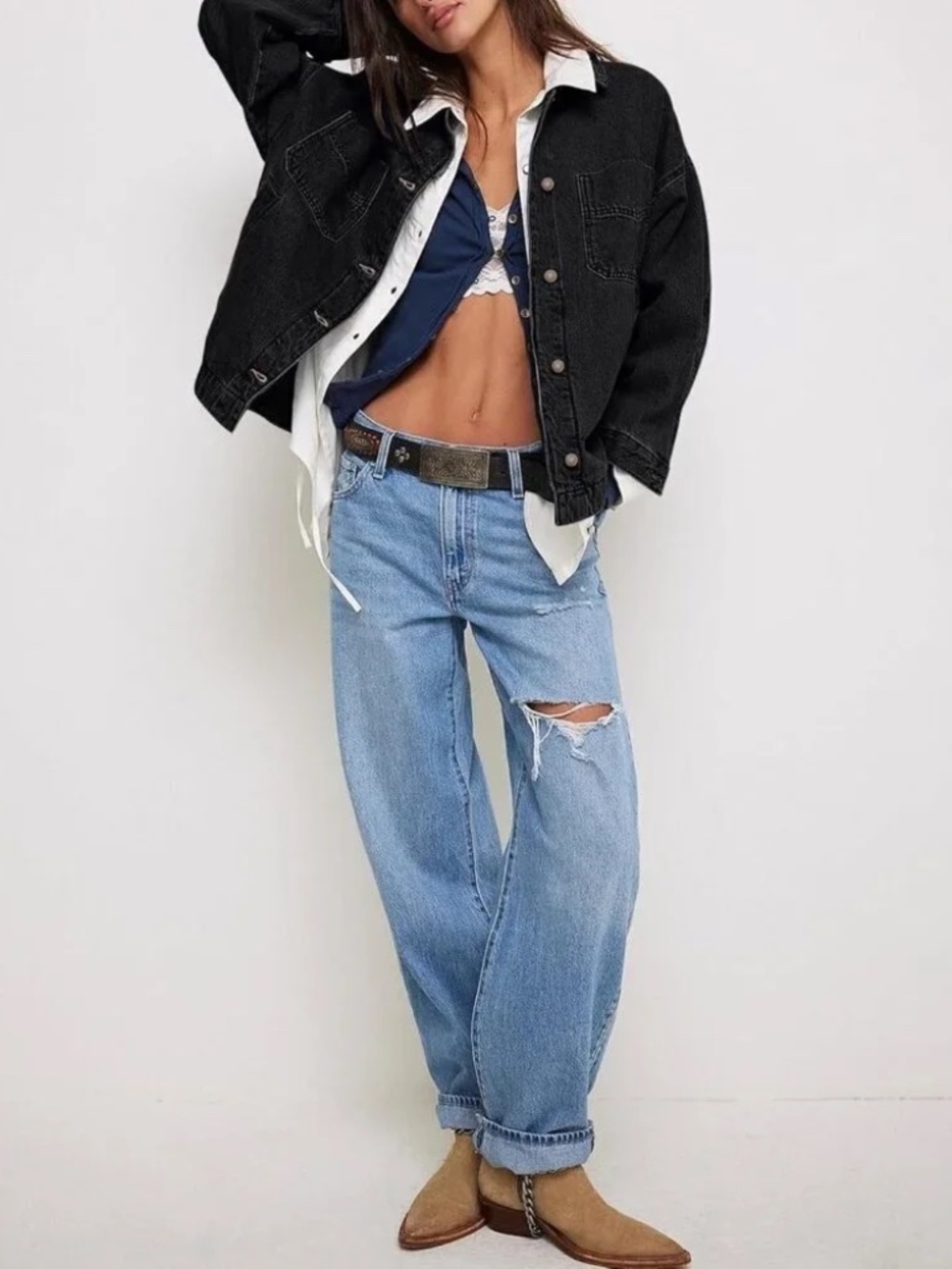 New Zenana Denim Button Down Jean Jacket Shacket Hi Low Hem Oversized Relaxed - Picture 5 of 5